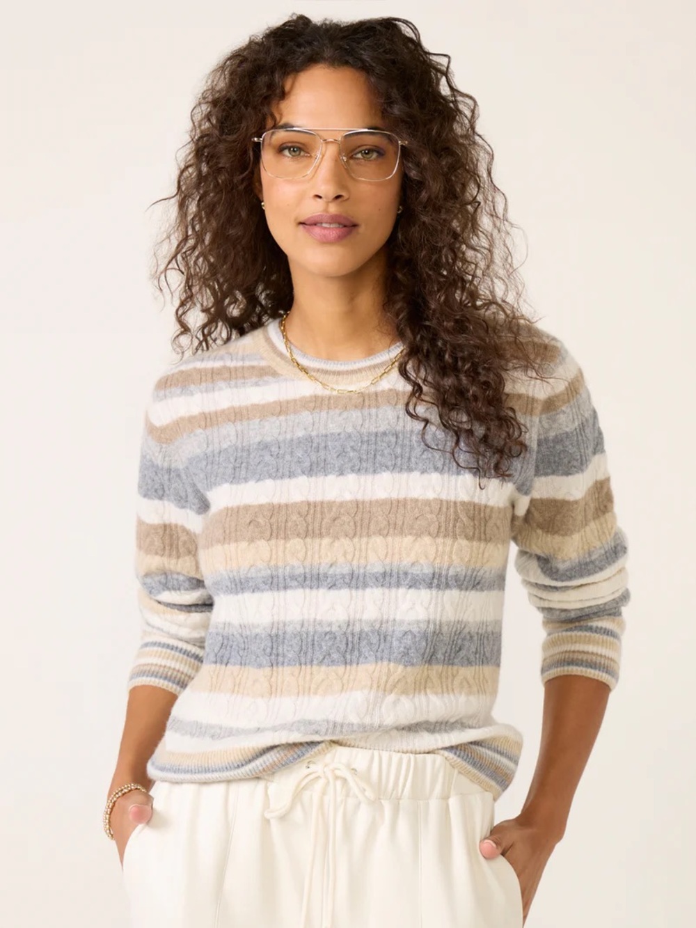 Evereve Lettie Striped Cable Cashmere Sweater Neutral Stripe Grey Tan Cream L